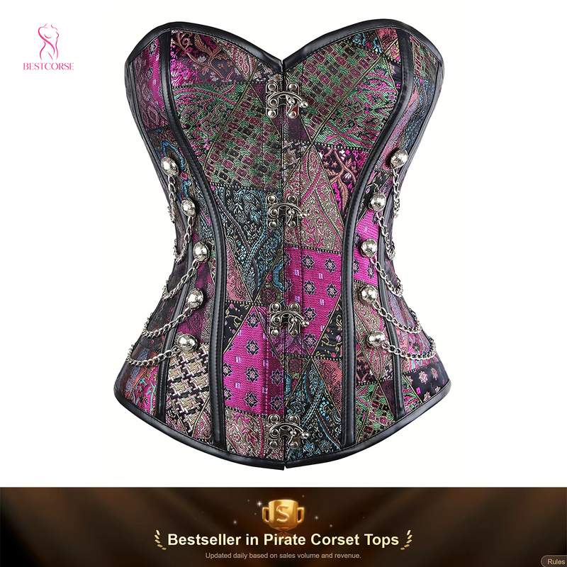 Boning Corset Steel - Corset Roxo Gótico Steampunk com Corrente